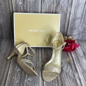 MICHAEL Michael Kors Simone Mid Sandal Ankle Strap Sandals, Silver/Sand